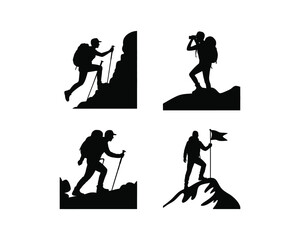 Hikers in mountain Silhouette, Hiker climbing mountain vector, hiker look through binoculars, climber one arm holding a rope, climber reaching summit with one arm raised black  illustration design set