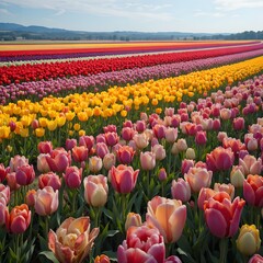 &ldquo;Vibrant Colorful Tulip Field in Full Bloom Under Blue Sky, Endless Rows of Pink Yellow and Orange Tulips in Spring Landscape, Beautiful Flower Farm Countryside Nature Background&rdquo;