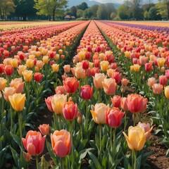 &ldquo;Vibrant Colorful Tulip Field in Full Bloom Under Blue Sky, Endless Rows of Pink Yellow and Orange Tulips in Spring Landscape, Beautiful Flower Farm Countryside Nature Background&rdquo;