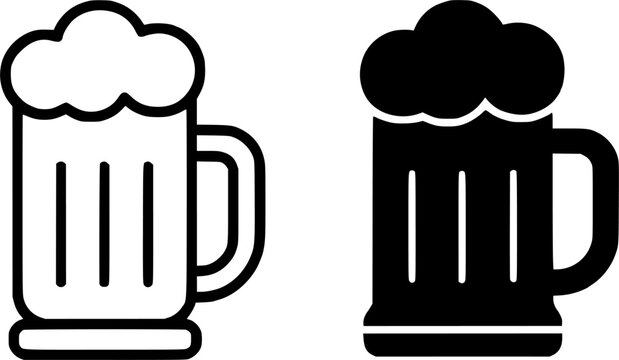 Simple icon, beer illustration, black and white, outline and silhouette versions