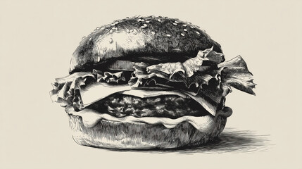 A detailed black and white drawing of a double-decker hamburger with lettuce and cheese on a sesame seed bun