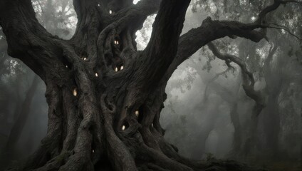 Mysterious Ancient Tree in Foggy Forest with Glowing Eyes.