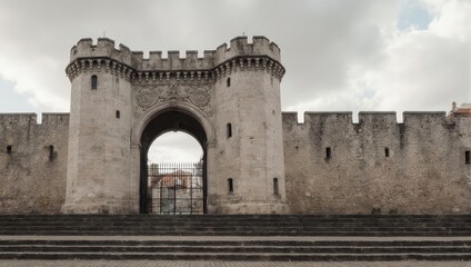 Medieval Fortress Gate - A Historic Stone Entrance Under Cloudy Skies.
