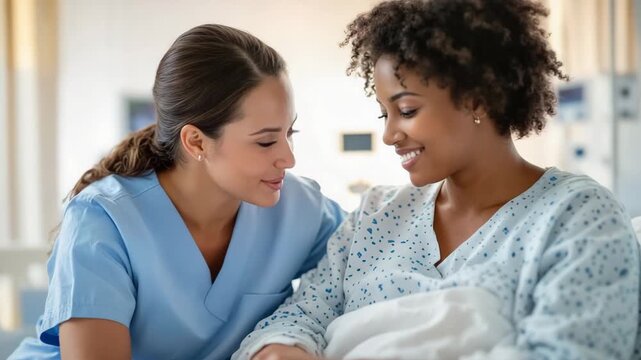 Professional nurse comforting a smiling female patient in a bright hospital room for dedicated healthcare concept and empathetic support