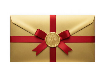 Golden envelope with red bow and seal isolated on transparent background
