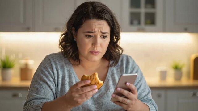 Concerned woman eating a burger and looking at a smartphone in her home kitchen for emotional stress concept and social media impact