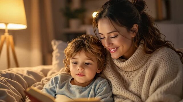 Young mother and son reading a bedtime story in a cozy bed with warm lamp light for family bonding concept and childhood education