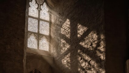 Sunlight Through Stained Glass Window Creates Intricate Shadow Patterns.