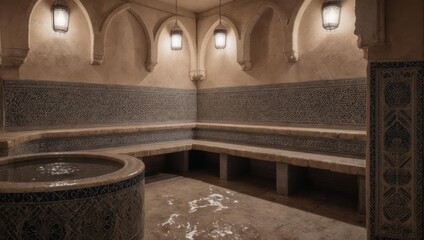 Serene Hammam Interior with Stone Benches and Ambient Lighting.