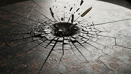 A high-impact bullet hole with fragments flying outwards from a damaged metal surface creates a dynamic sense of force.