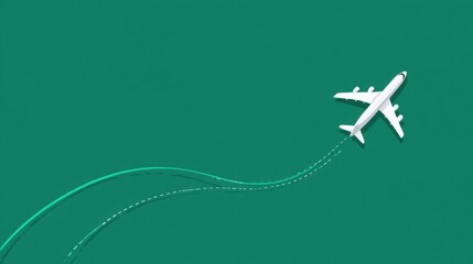 White airplane flying on green background with path line for travel. Air transport and vacation concept for tourism or business trip. Air plane map.