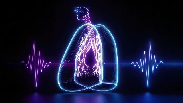 Neon lungs illustration with respiratory system and heartbeat waveform on transparent background