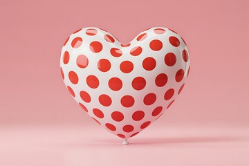 A single 3D heart balloon, glossy white with bright red polka dots, set against a pink background for Valentine's Day.