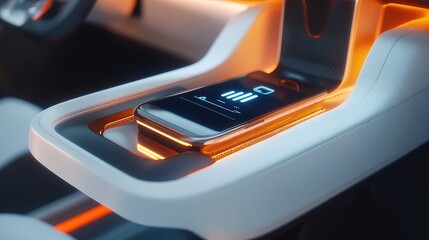Wireless phone charging pad in futuristic car console