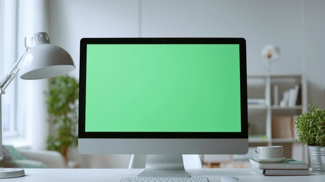 Blank Green Screen Open Laptop. Laptop computer on blur office background. Front View Modern Monitor. Mockup for text. Device display mock-up template for keying. Planning, search, tech. Chrome key