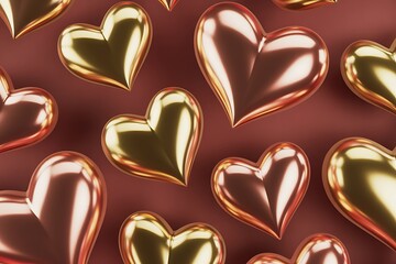 Golden Heart Pattern for Valentine's Day. Seamless 3D Background of Metallic Gold, Perfect for February 14th.