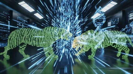 Dna Strand and Earth Globe Made of Binary Code Collide in Server Room - Powered by Adobe