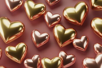 Metallic Heart Scatter for Valentine's Day. 3D Background of Glossy Gold and Copper Hearts for February 14th.