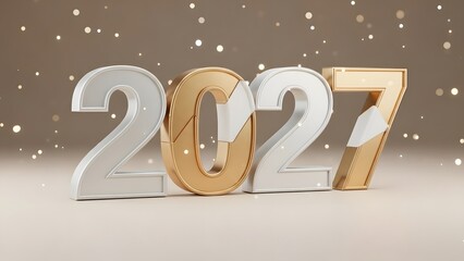 A 3d rendering of the year 2027 in shiny metallic letters on a brown background with snowflakes