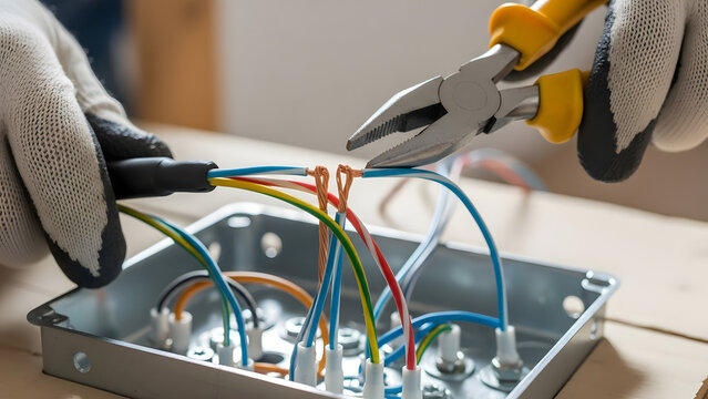 Professional electrician carefully connecting colored wires for safe power distribution	 - Powered by Adobe