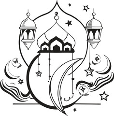 Eid Mubarak Crescent Moon with Mosque and Islamic Ornaments Vector Illustration