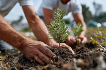 Close up of hands planting pine tree sapling in soil for reforestation