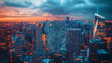 A futuristic fingerprint looms over the evening city, symbolising technological control — suitable as a backdrop for discussions on cybersecurity or innovation.
