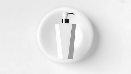 Minimalist white cosmetic pump dispenser bottle mockup resting on a subtle circular pedestal against a bright background