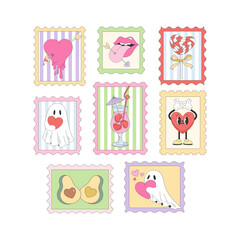 Valentines day postage stamp clipart set in hand drawn vintage illustration style