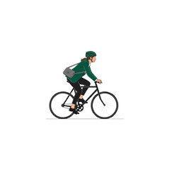 Stylish woman cyclist wearing helmet and messenger bag, riding a black bicycle for urban commute.