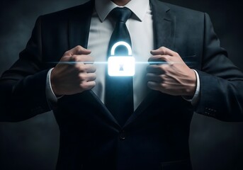 Businessman opening suit to reveal glowing security lock icon, data protection and digital trust message, corporate cybersecurity awareness, secure information and privacy focus