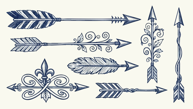 Hand drawn vintage style ornamental arrows with floral and feather details in blue ink sketch featuring various pointed arrowheads and decorative shafts in horizontal arrangement
