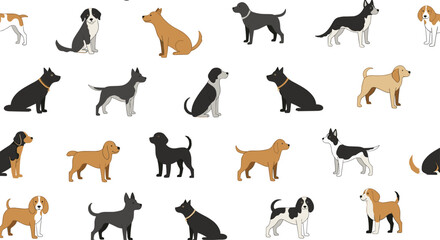 Seamless pattern featuring a wide variety of different dog breeds in various poses like sitting and standing on a white background.