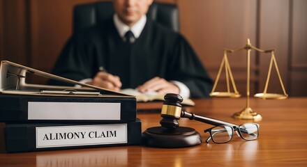 Alimony claim document on lawyer&rsquo;s desk with judge gavel and scales of justice, family law proceedings, spousal support case, legal consultation and courtroom decision process