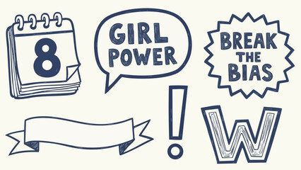 Hand drawn minimalist icon set including calendar page eight, girl power speech bubble, break the bias starburst, blank ribbon banner, exclamation mark, and decorative letter w outline