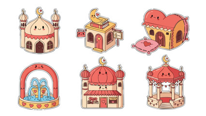 Naklejka premium Colorful flat design icons of various traditional mosque buildings with detailed domes, minarets, archways, and decorated windows in cartoon style with warm soft lighting and front view angle