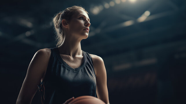 Dramatic lighting on a female athlete holding a basketball in a professional arena