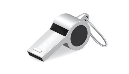 A shiny silver-colored whistle with a black mouthpiece and a looped lanyard. The image is a crisp, isolated, and digitally rendered design
