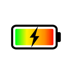 Charging battery with lightning bolt, colorful energy level status, vector icon