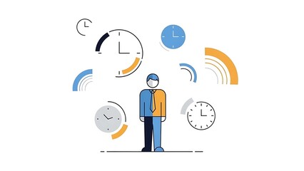 A man surrounded by multiple clocks and time symbols