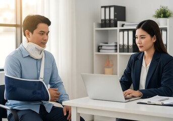 Injured man with arm sling attending office consultation with professional woman, workplace recovery discussion, insurance paperwork, employee support and return to work meeting
