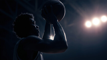 Cinematic shot of a bearded male basketball player focused on taking a shot in a dark arena