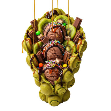 Extreme close-up of an overflowing green tea gai daan jai bubble waffle cone packed with glossy dark chocolate ice cream, kiwi, and syrups mid-drip, against a transparent background. Concept for