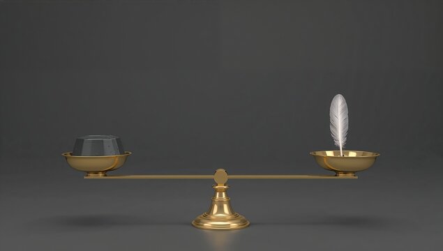 Feather and weight balancing on a golden scale concept