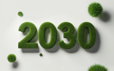 The year 2030 depicted with vibrant green grass numbers standing proudly on a clean white surface with natural shadows and various small fluffy grass balls scattered around creating an optimistic envi