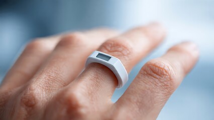 Closeup of a hand wearing a futuristic smart ring with a small digital display.