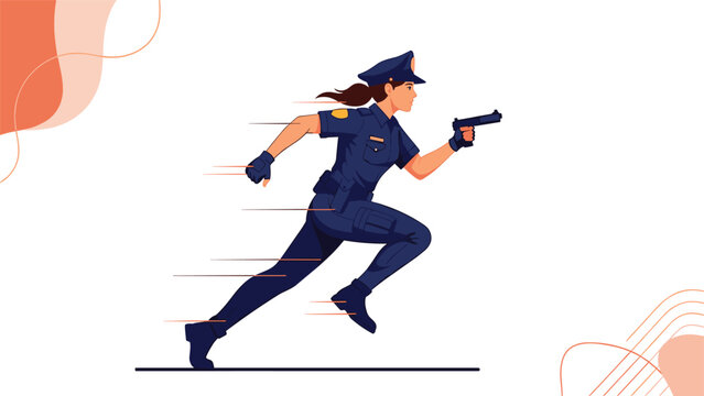 Female police officer in full uniform running with a pistol in hand, representing action, emergency response, and law enforcement.