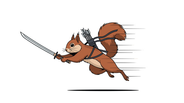 Fantasy cartoon squirrel warrior running into battle, armed with a miniature samurai sword and a quiver of arrows strapped to its back.