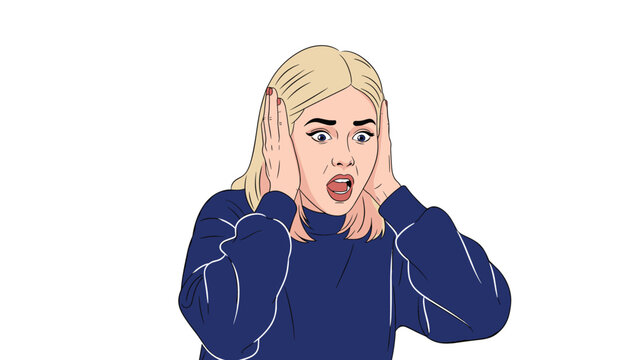 Shocked young blonde woman in a blue sweater screaming with her hands on her head, expressing fear, surprise, or horror.