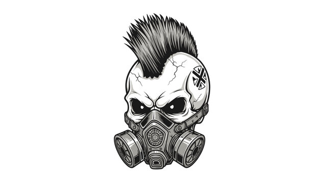 Monochrome illustration of a post-apocalyptic punk skull with a mohawk hairstyle, wearing a gas mask and showing an aggressive expression.